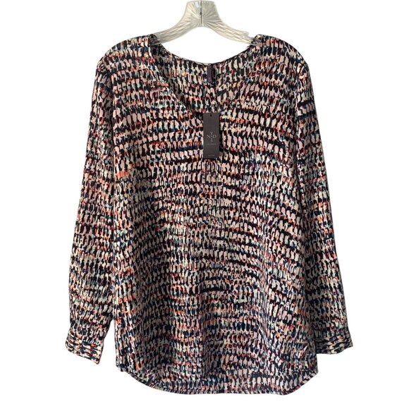 NYDJ Los Angeles Mango Passion Dasher Flicker Long Sleeve V-Neck Blouse NWT M - Picture 1 of 7